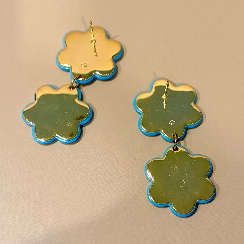 ASHA Flower Earrings in Turquoise and Dipped 14K Gold, EUC. - Picture 6 of 9